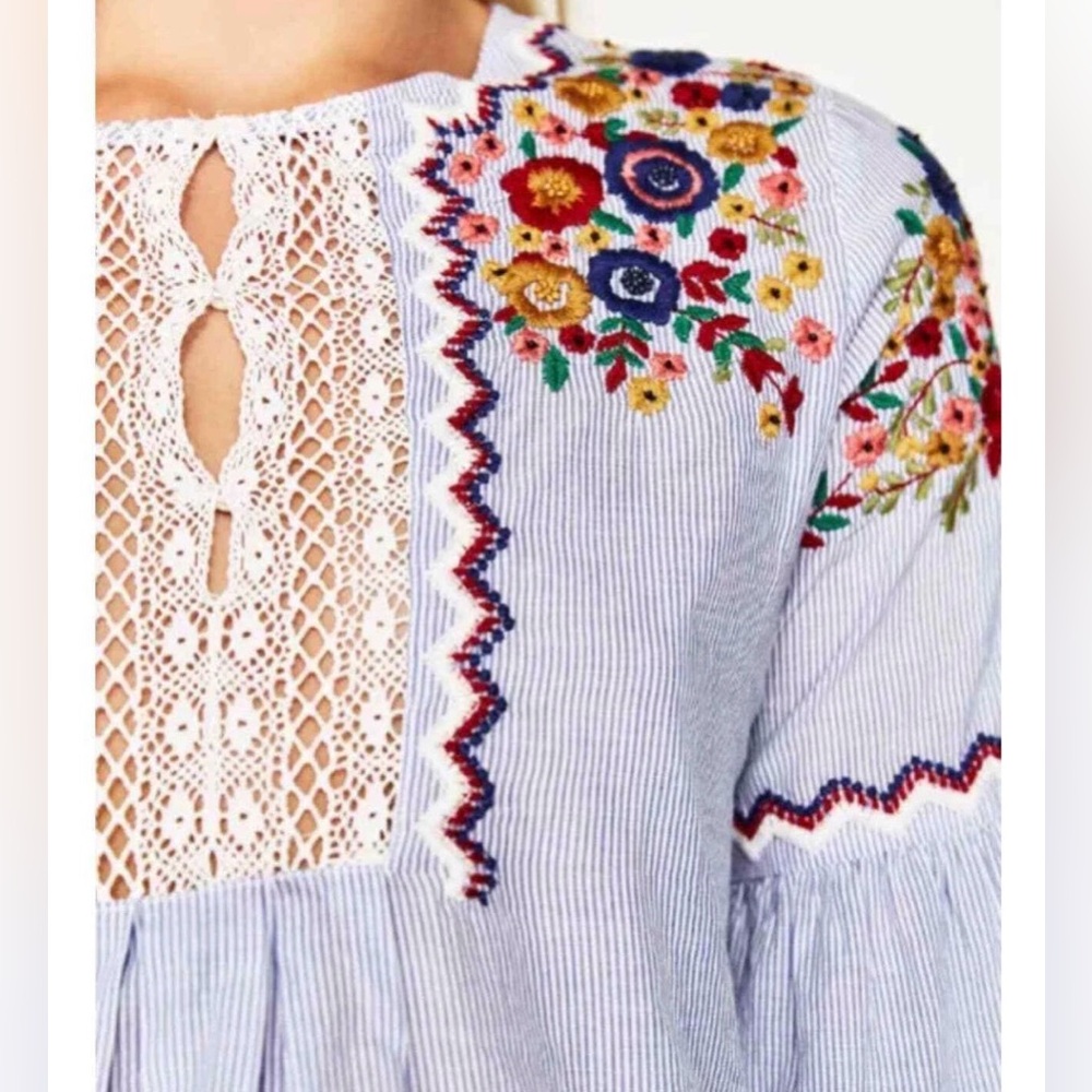 Zara Boho Striped Embroidered Peasant Top - Bell Sleeves & Crochet Lace - Picture 2 of 9
